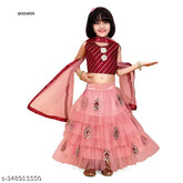 Peach Dupion-Silk lehenga choli set with Super Net dupatta for girl, featuring striped lehenga and mirror work, ideal for festive occasions and celebrations. Indian craftsmanship